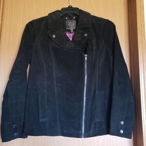 Womens Black Suede Leather Motorcycle Jacket Size 8 Full Zip